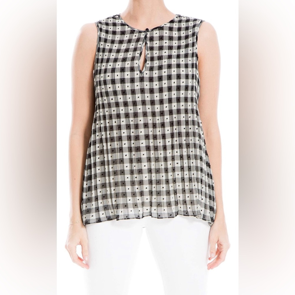 Max Studio Black & Ivory Gingham Plaid Pleated Sleeveless Tank Top Blouse  - XS